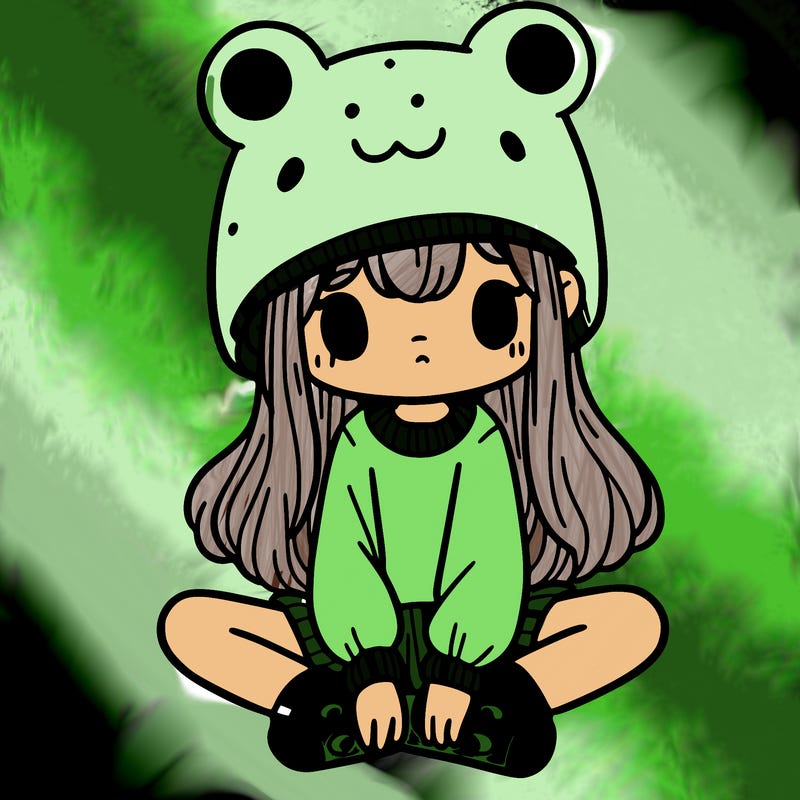 a girl wearing a frog hat and some frog socks