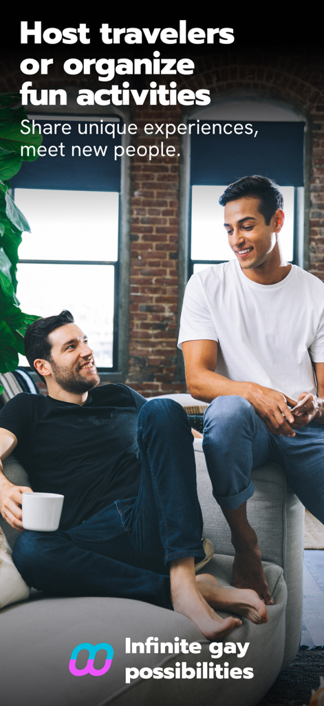 Two men chatting on a sofa representing gay travel hosting and social connections