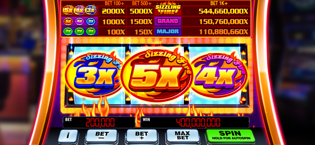Double Rich！Vegas Casino Slots - Pantalla de juego Sizzling Fire de ¡Doble de Suerte! Slots de Casino de Las Vegas mostrando una victoria de bote con multiplicadores.