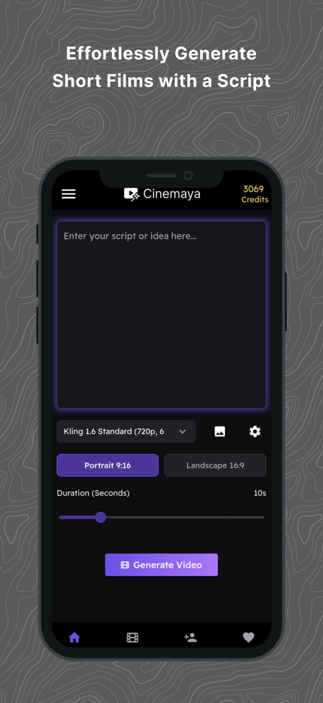 Cinemaya: AI Movie Generator - Interface of Cinemaya AI Movie Generator showing the script input area and video generation settings on a mobile device.