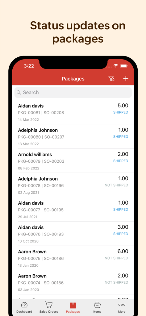 Zoho Inventory mobile app screen showing a list of packages with their respective shipping status such as shipped or not shipped
