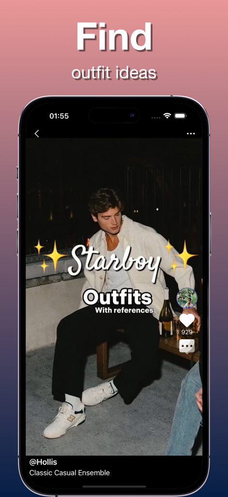 Prelo app screen showing a video of a man modeling a starboy aesthetic outfit with fashion references