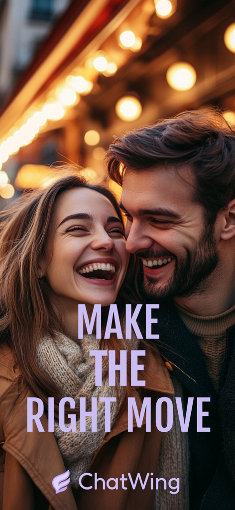 Wingman AI: ChatWing - Um casal feliz rindo junto em um encontro com o texto Faça o Movimento Certo e o logo ChatWing