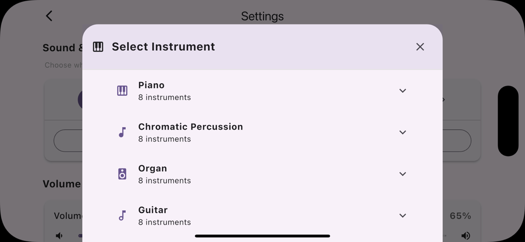 Piano 2026 – Learn piano fast - Le menu de sélection des instruments de l'application Piano 2026 avec des options pour piano, orgue et guitare.
