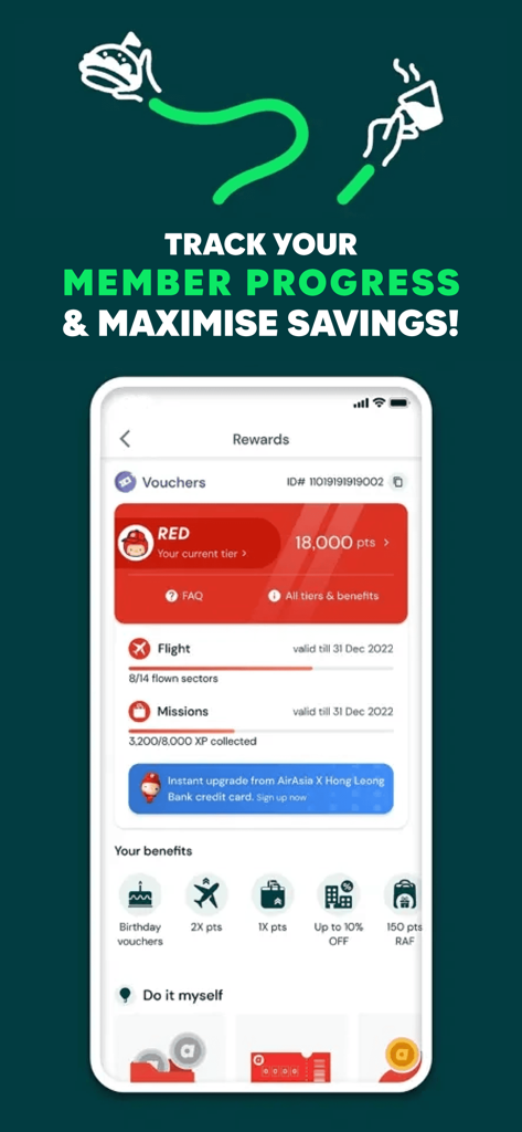 Schermata premi di AirAsia MOVE con punti membro e vantaggi di livello