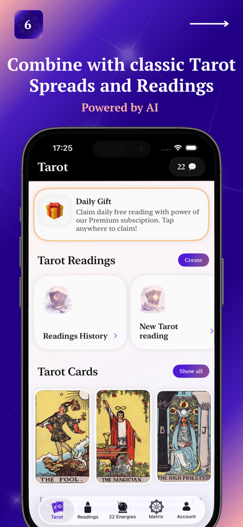 Interface of 22 Energies app showing AI tarot readings and classic tarot cards like The Fool and The Magician.