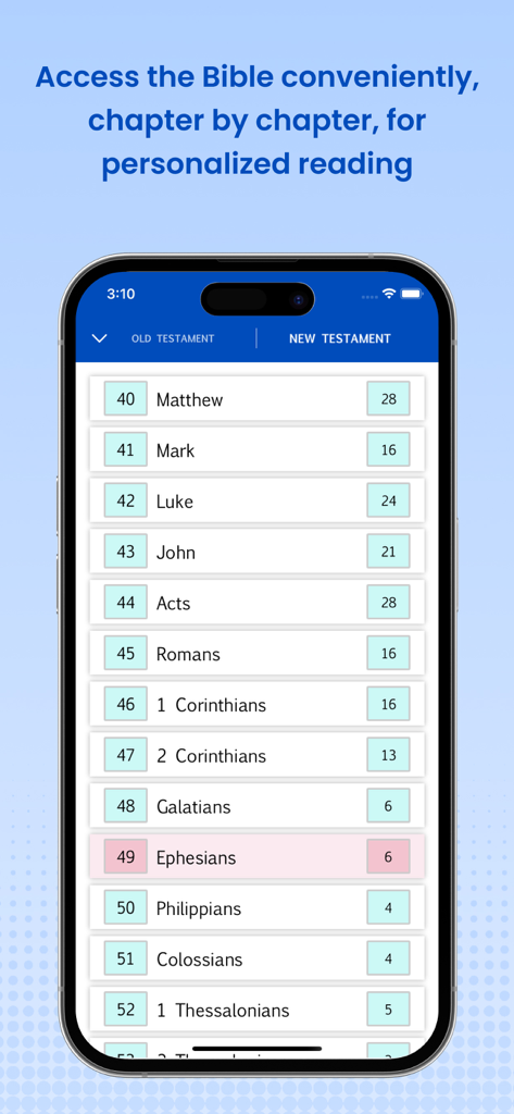 Amplified Bible Pro (AMP) - Smartphone screen showing the New Testament book list within the Amplified Bible Pro app.