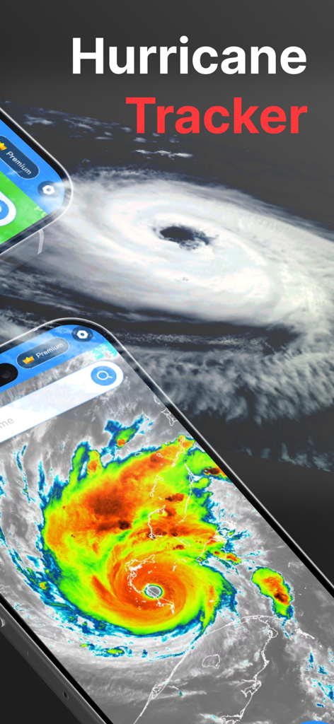 Hurricane tracking feature in the Live Weather Map Zoom Earth app showing satellite imagery and storm radar.