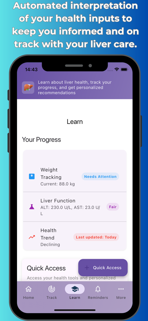 Liver health plus - Liver Health Plus app progress dashboard showing weight tracking and liver function metrics