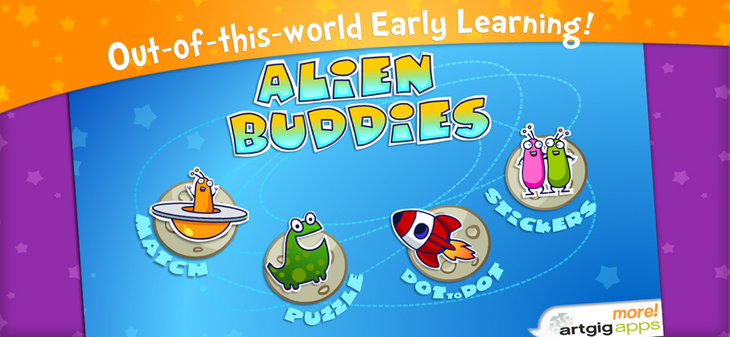 Schermata principale dell'app prescolare Alien Buddies che mostra attività come puzzle di abbinamento, collega i puntini e adesivi