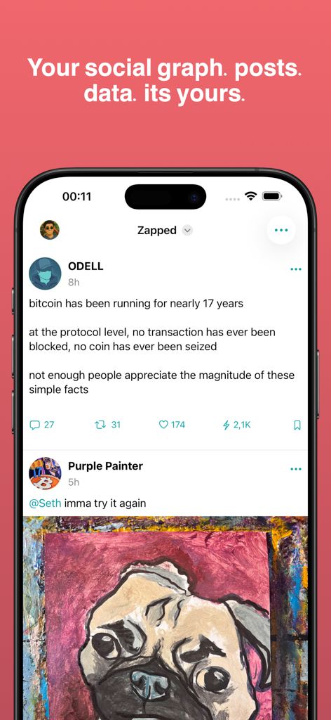 Nostur - Nostr client - A smartphone displaying the Nostur app social media feed with posts about Bitcoin and digital art