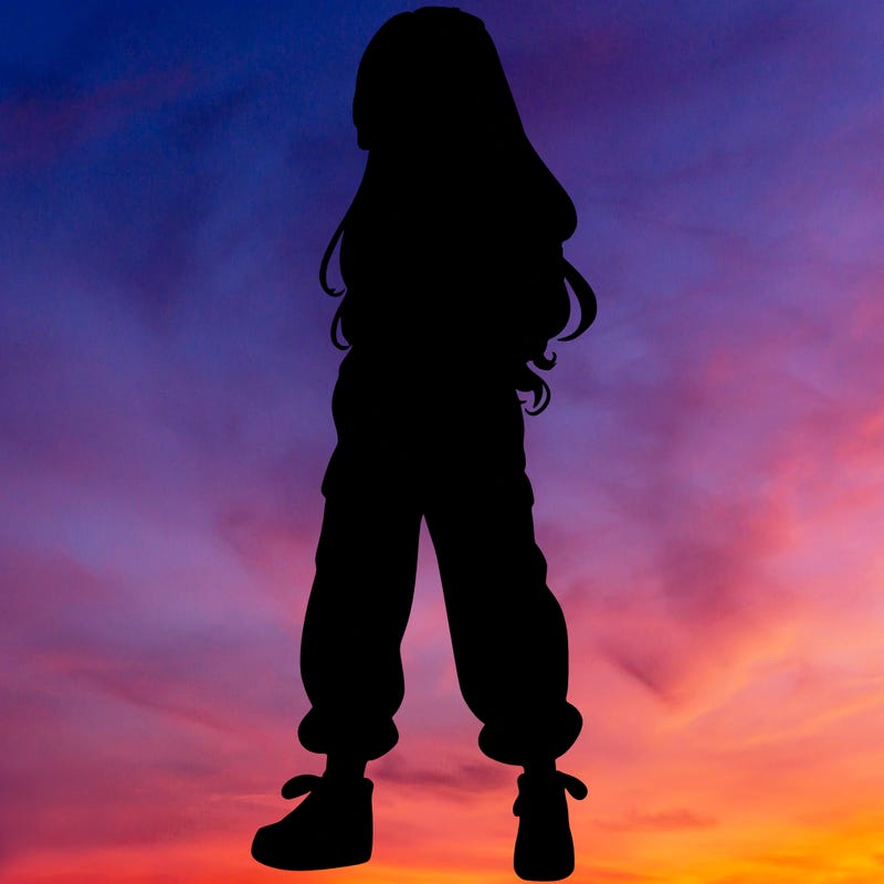 girl in baggy pants crop top and long hair