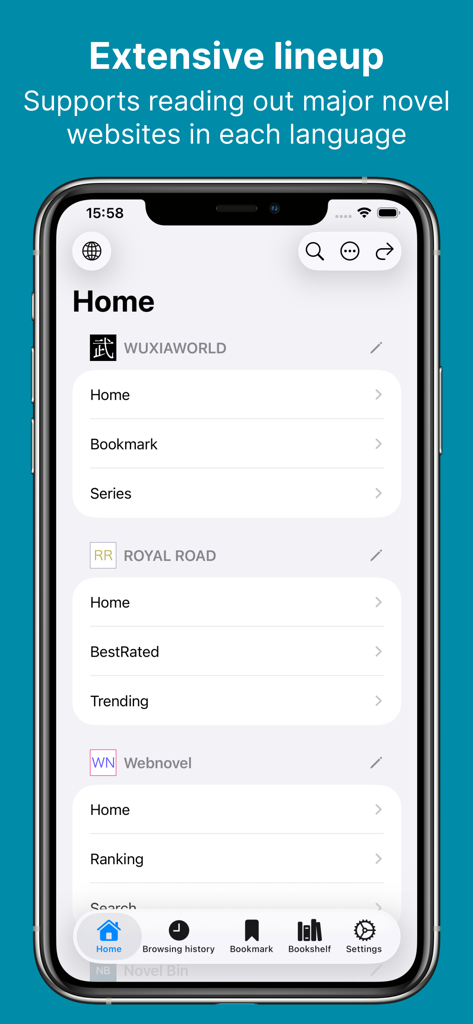 NovelVoice - Novels read aloud - Tela inicial do app NovelVoice exibindo uma lista de sites de web novels suportados, incluindo Wuxiaworld e Royal Road