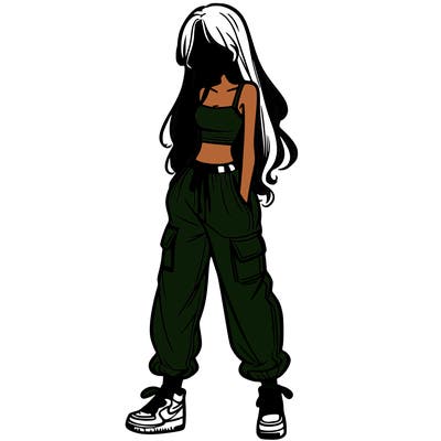 girl in baggy pants crop top and long hair