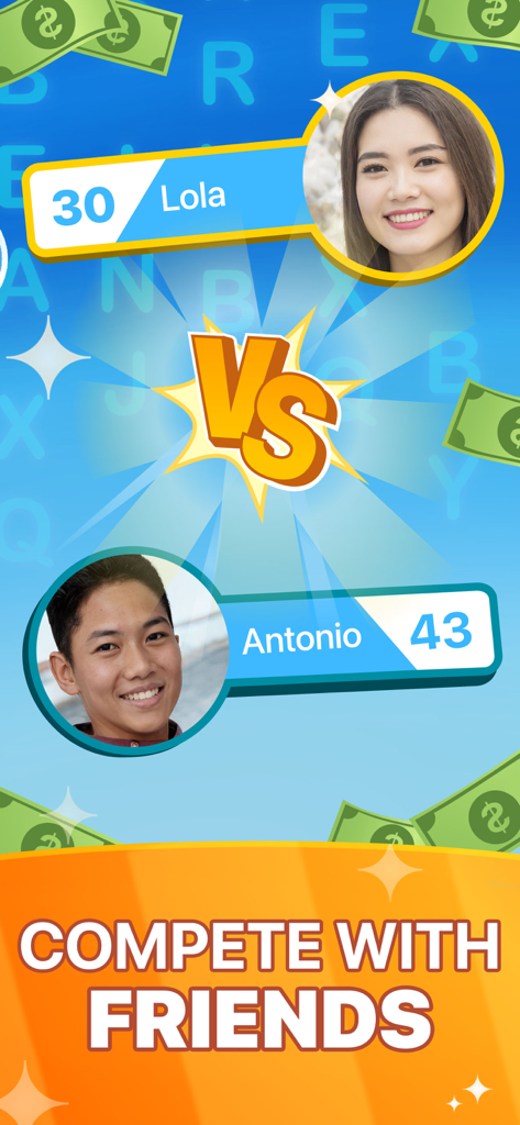 Next Word: Alphabet Cash Quiz - Two players competing in a head to head trivia match in the Next Word app