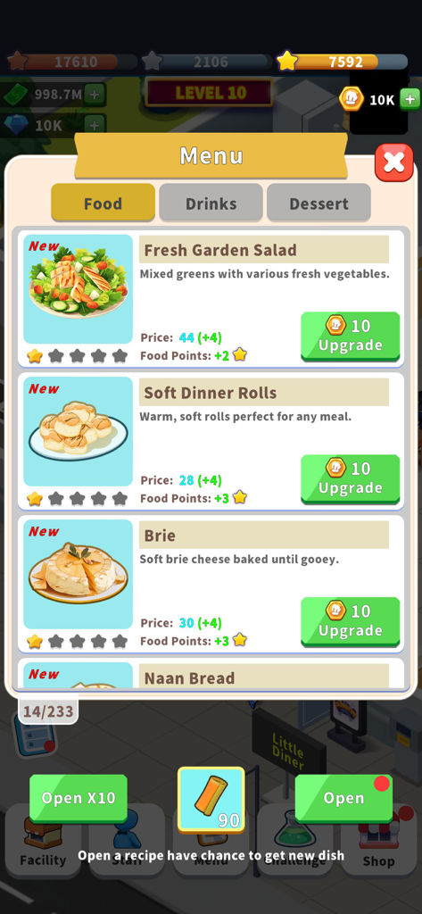 Little Restaurant - Pantalla de menú en el juego Little Restaurant mostrando varios alimentos como ensalada y pan con botones de mejora.