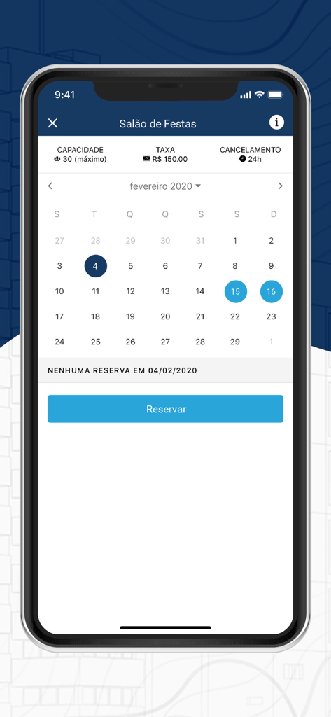 Interface do aplicativo Bersi mostrando um calendário mensal e botão de reserva para aluguel de salão de festas.
