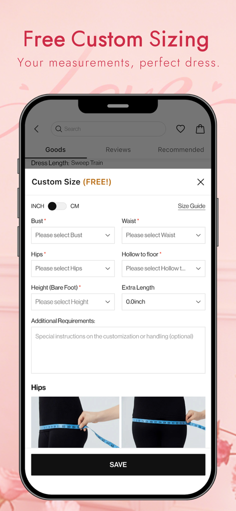 Interface de l'application MISSACC montrant le formulaire de mesure de taille personnalisée gratuite.