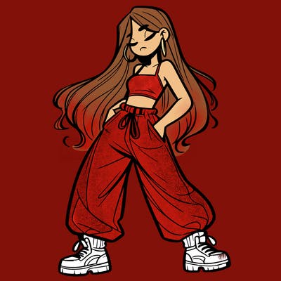 girl in baggy pants crop top and long hair