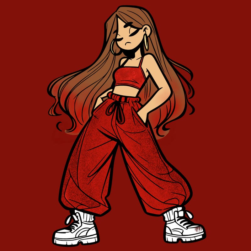 girl in baggy pants crop top and long hair