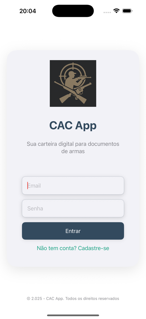 CAC App - CAC App login interface with email and password fields for firearm document management