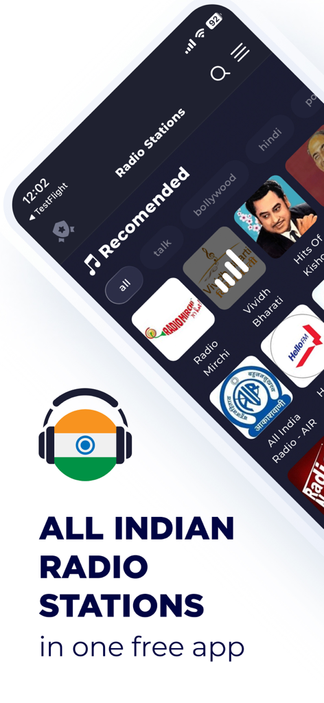 India Radio Online: AIR Radio - Mobile screen displaying various Indian radio stations and genres on the India Radio Online app