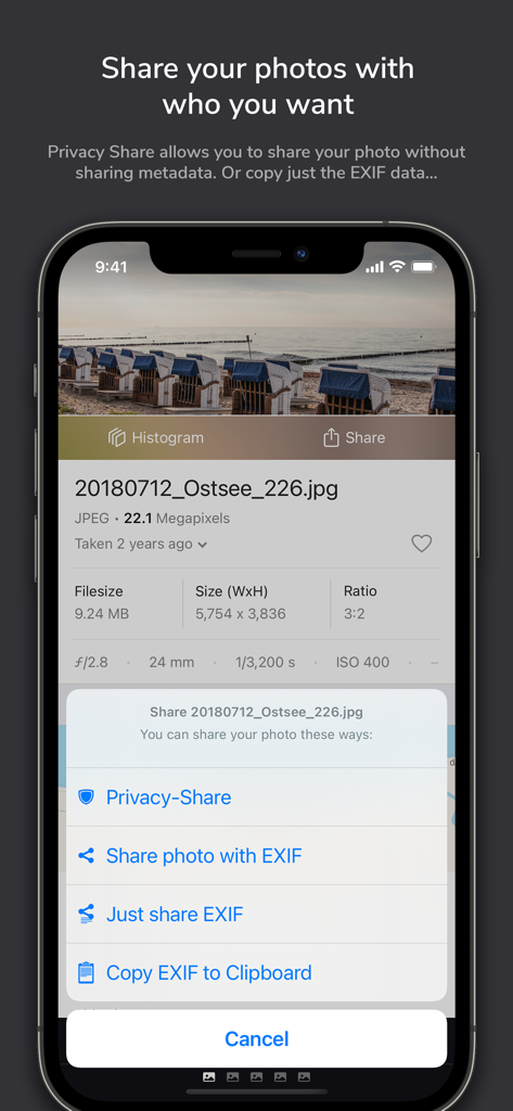 ImagExif 2 - edit exif data - Datenschutz-Share-Menü in ImagExif 2 zum Entfernen von Fotometadaten.