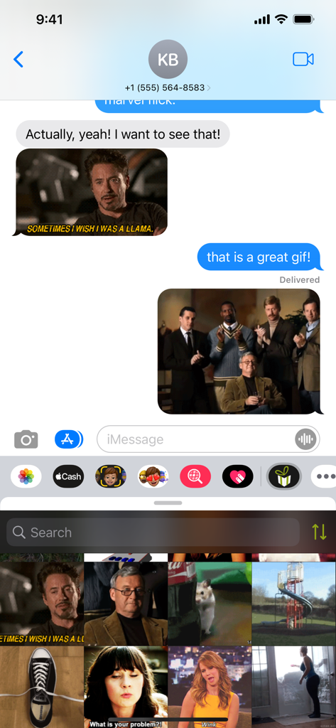 GIFwrappedアプリをiMessage内で使用して、保存されたリアクションGIFを共有している様子のスクリーンショット。