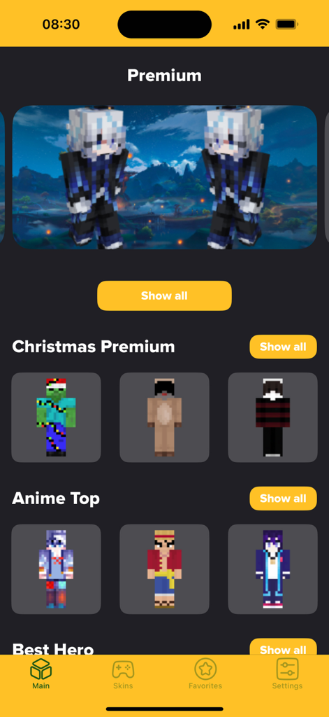 Interfaz de la aplicación Nova Skins para MCPE mostrando skins de personajes premium y de anime