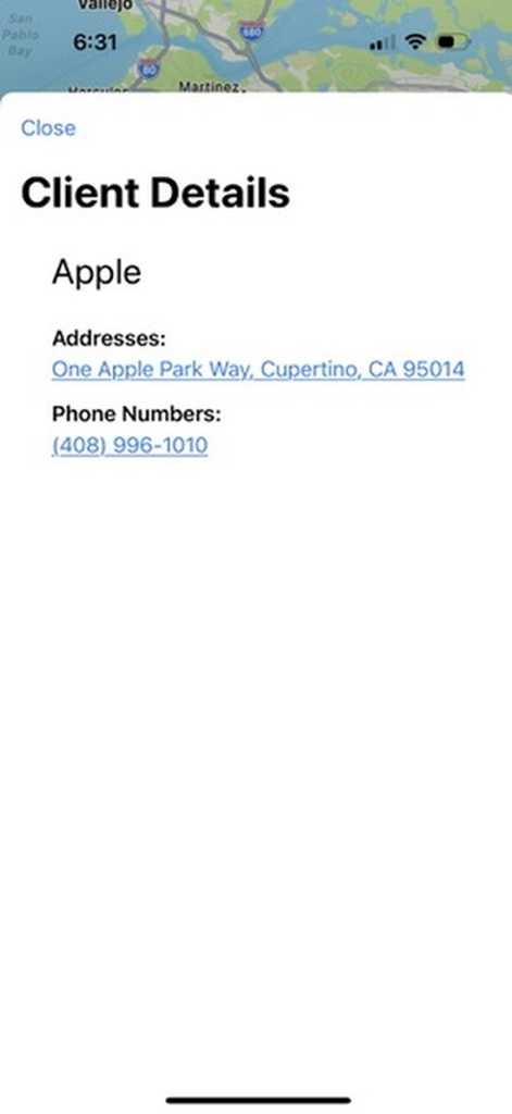 Interfaccia dell'app Simple Client List che mostra la pagina dei dettagli di un cliente, inclusi nome, indirizzo e numero di telefono