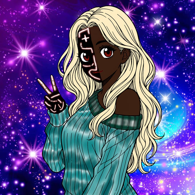 a girl with long hair. make only from her waist up showing and she is wearing g a sweater the is half off her shoulder. she needs to hold one peace sign. make her have no mouth, only have eyes. make her whole body facing the camera. and no black hair.