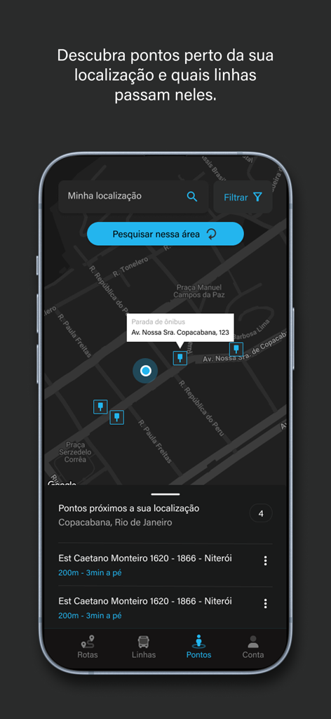 Va de Onibus app screenshot displaying a map with nearby bus stops in Rio de Janeiro