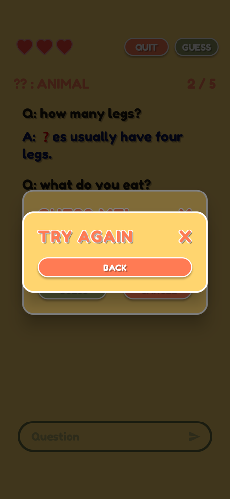 Guess Me!!! - Gameplay screen of Guess Me app showing a Try Again pop up over an animal guessing puzzle.