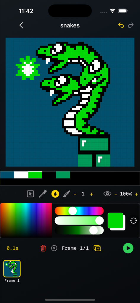 A mobile interface for the Spritesheet Maker app showing a two-headed green snake pixel art drawing with color palettes and editing tools.