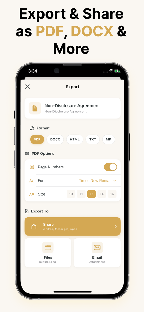 Contract Maker - AI Generator - Mobile app screen showing export options for legal contracts in PDF and DOCX formats