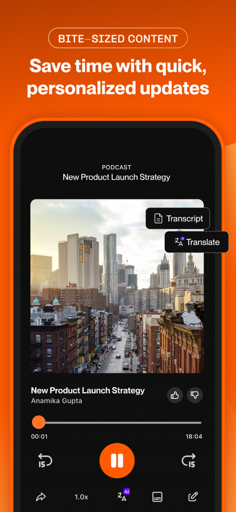 Tigerhall - Tigerhall app interface showing a bite-sized podcast about product launch strategy with transcript and translation options.