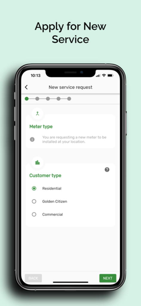 BEL 24-7 - Écran de l'application BEL 24-7 montrant un formulaire de demande de nouveau service d'électricité avec des options de compteur et de type de client