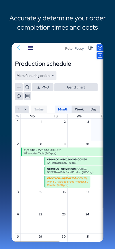MRPeasy - MRPeasy mobile app production schedule interface showing manufacturing orders on a monthly calendar view