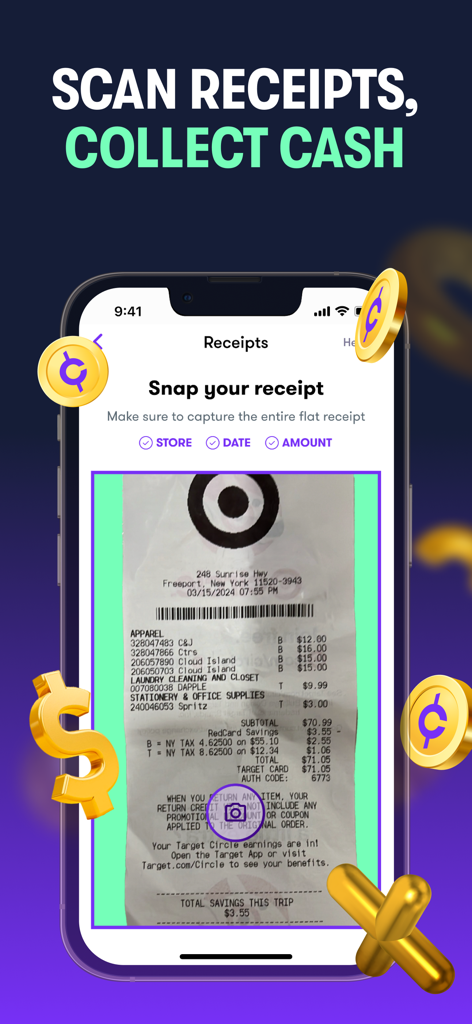 Copper app screen demonstrating how to scan a shopping receipt to earn cash rewards.