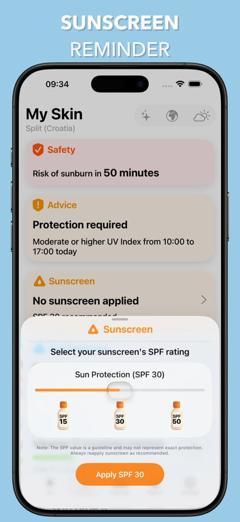 UV Index Widget - Worldwide - ユーザーが日焼け止めの追跡のためにSPF値を選択できる日焼け止めリマインダー画面を表示しているUV指数ウィジェットアプリ