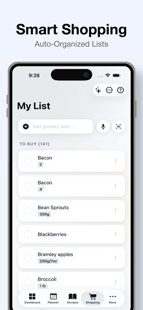 Uma lista de compras digital limpa e organizada mostrando itens de alimentos categorizados em um smartphone.