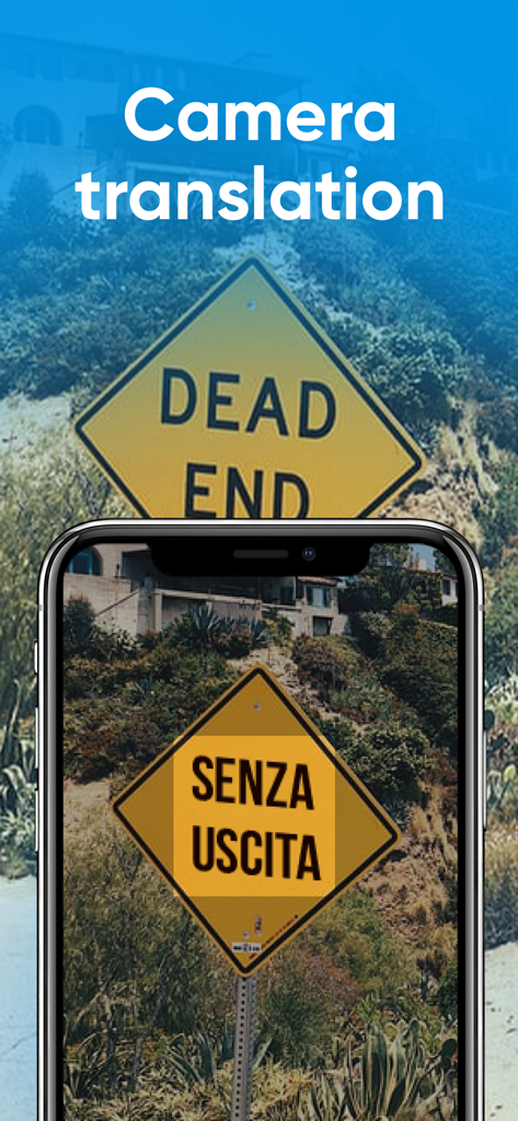 カメラ翻訳を使用して道路標識を英語からイタリア語に翻訳するスマートフォンの画面