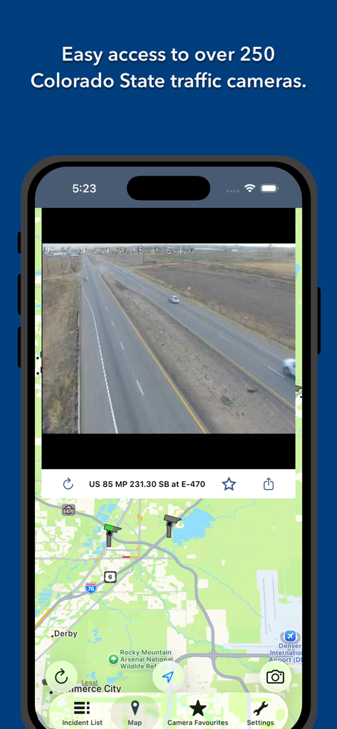 Screenshot of the Colorado State Roads app showing a live traffic camera feed on US 85 and a map of Denver with camera locations.