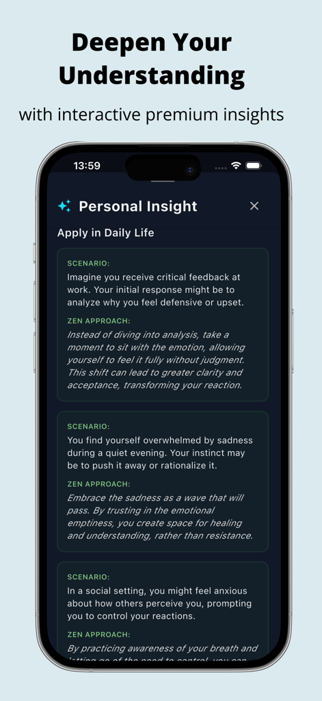 Zen Daily: Buddhism Practice - Pantalla de la app Zen Daily que muestra enfoques Zen para escenarios comunes de la vida diaria