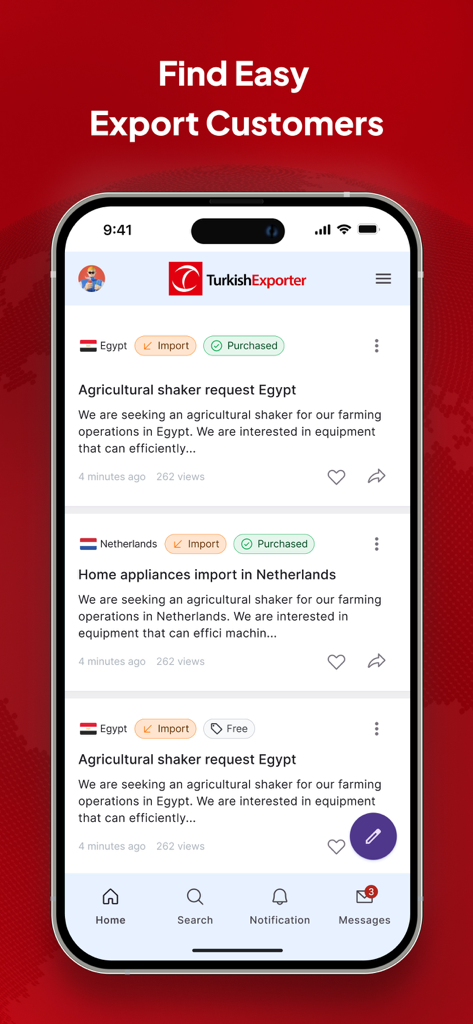 TurkishExporter - Interface of the TurkishExporter app showing a feed of international import requests and business leads
