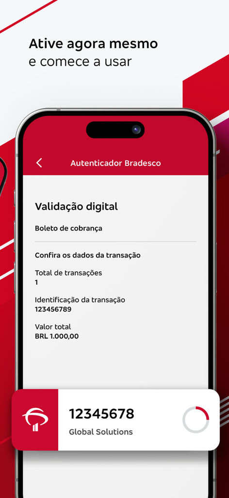 Bradesco Global Solutions - Digital validation and security key screen in the Bradesco Global Solutions mobile app