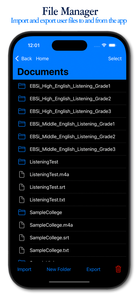Cyclone Pro - 구간반복 Repeater - The File Manager screen of the Cyclone Pro app showing imported folders and files for language learning