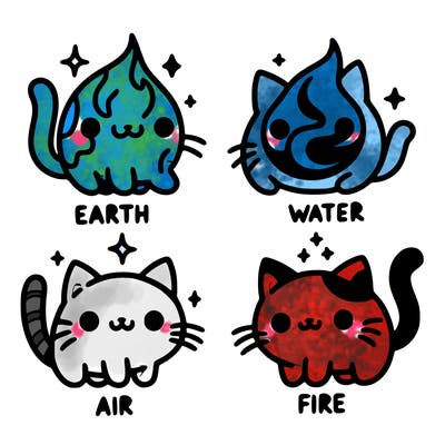 4 cats that represent the different elements, earth, water, air, and fire