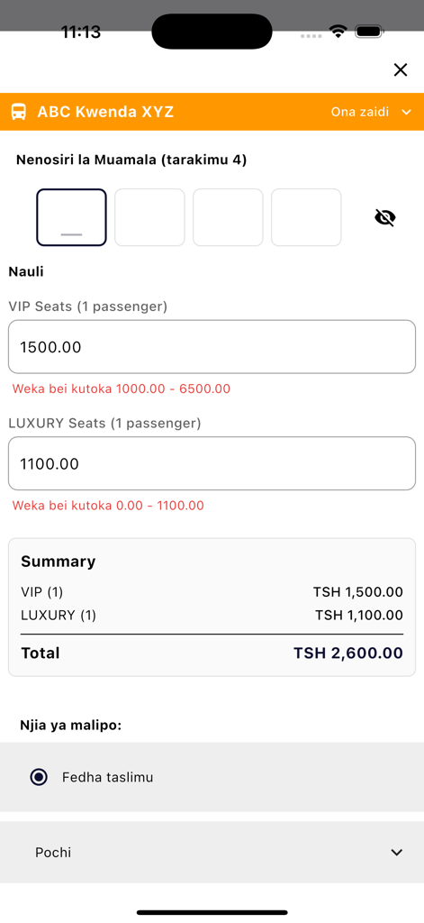 Obus - A mobile app interface displaying a bus ticket booking summary for VIP and Luxury seats with a total price in TSH.