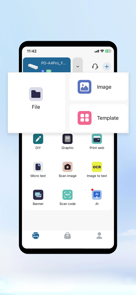 Jadens Printer - Main dashboard of the Jadens Printer app showing print options for files, images, and templates.